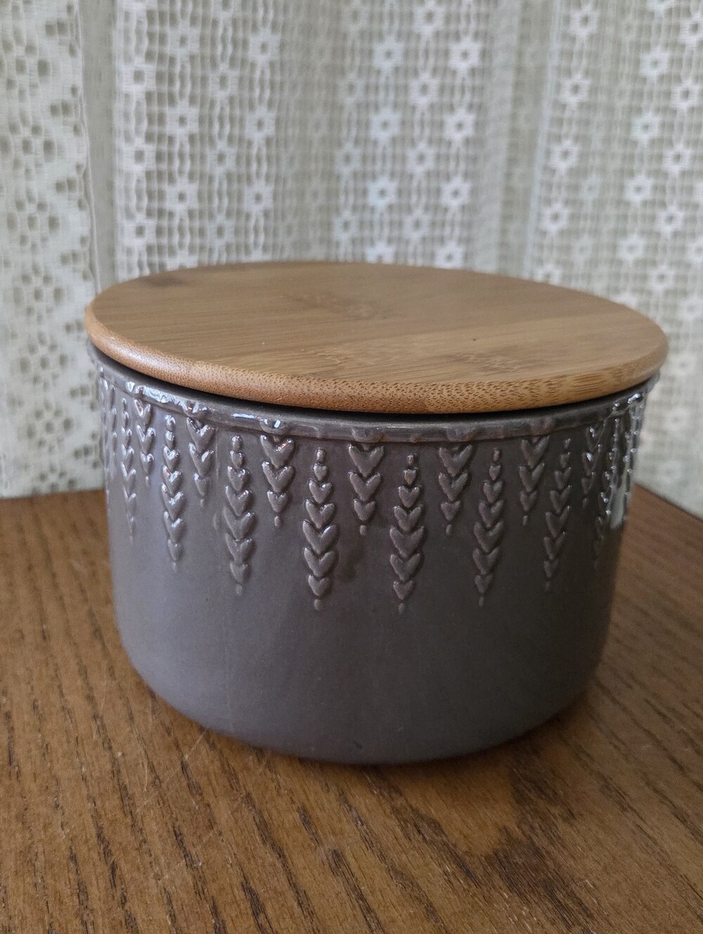 Ceramic Stoneware Canister with Wood Lid - Gray and Natural Wood Floral Embossed